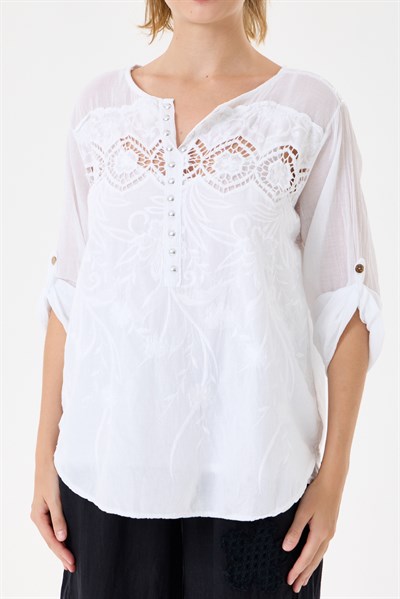 İtalyan Çiçek Nakışlı Dantelli Sırtı Payetli Astarlı Oversize Bluz 40 - 44 Beden