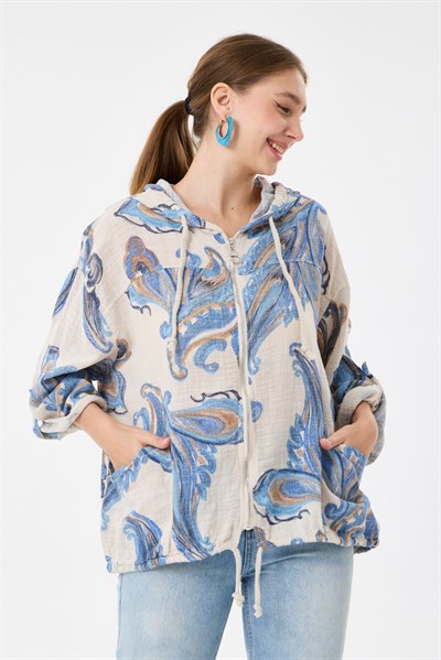 Beige İtalyan Etnik Şal Desen Fermuarlı Bluz 2605XA14 - 1139601