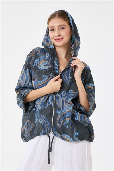 Dark Grey İtalyan Etnik Şal Desen Fermuarlı Bluz 2605XA14 - 1139601