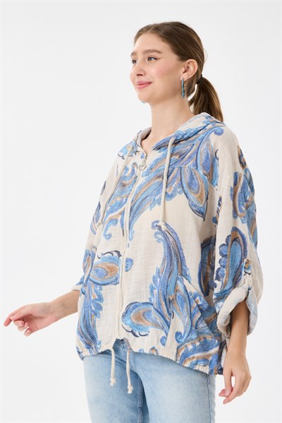 Beige İtalyan Etnik Şal Desen Fermuarlı Bluz 2605XA14 - 1139601