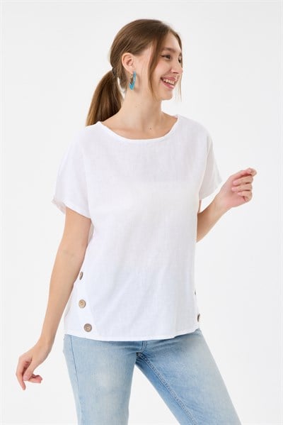 İtalyan %60 Keten Düğme Aksesuarlı Oversize Bluz 38 - 42 Beden