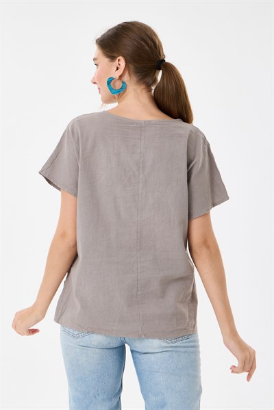 İtalyan %60 Keten Düğme Aksesuarlı Oversize Bluz 38 - 42 Beden