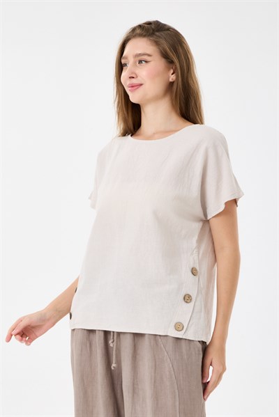 İtalyan %60 Keten Düğme Aksesuarlı Oversize Bluz 38 - 42 Beden