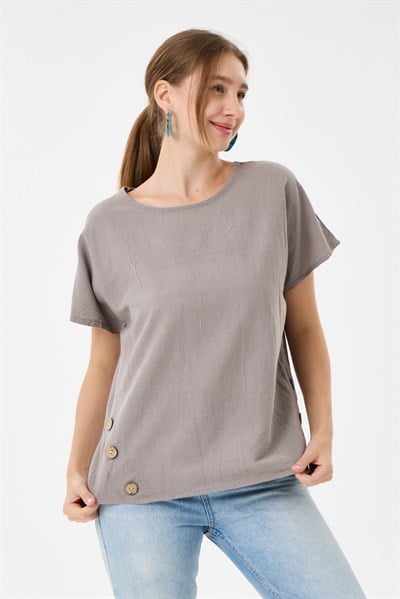 İtalyan %60 Keten Düğme Aksesuarlı Oversize Bluz 38 - 42 Beden