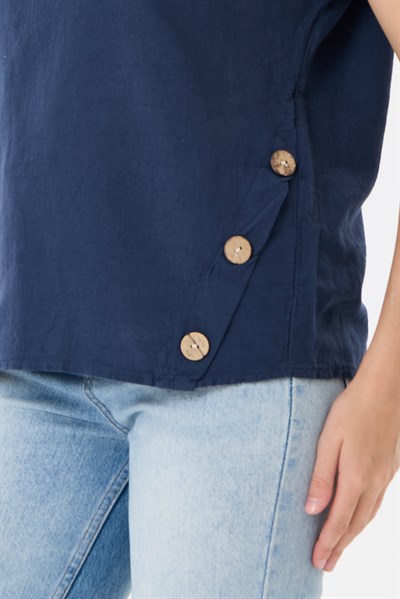 İtalyan %60 Keten Düğme Aksesuarlı Oversize Bluz 38 - 42 Beden
