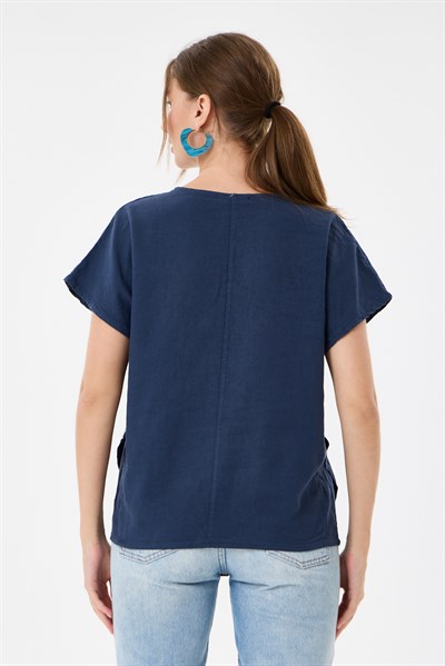İtalyan %60 Keten Düğme Aksesuarlı Oversize Bluz 38 - 42 Beden