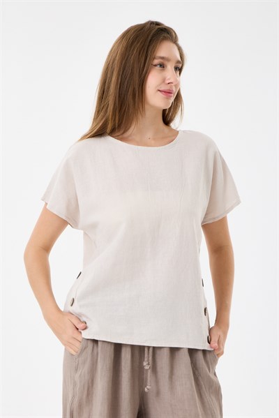 İtalyan %60 Keten Düğme Aksesuarlı Oversize Bluz 38 - 42 Beden