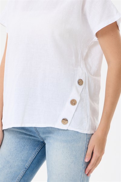 İtalyan %60 Keten Düğme Aksesuarlı Oversize Bluz 38 - 42 Beden
