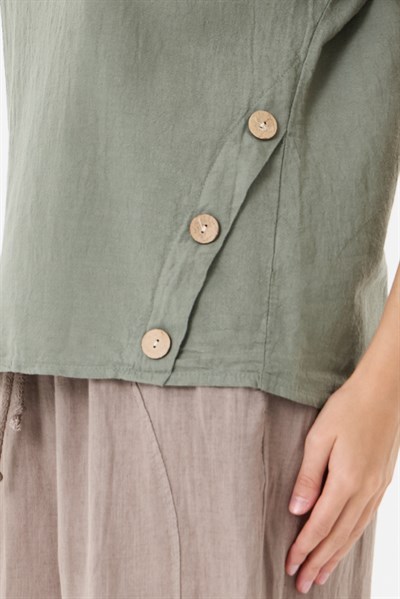 İtalyan %60 Keten Düğme Aksesuarlı Oversize Bluz 38 - 42 Beden