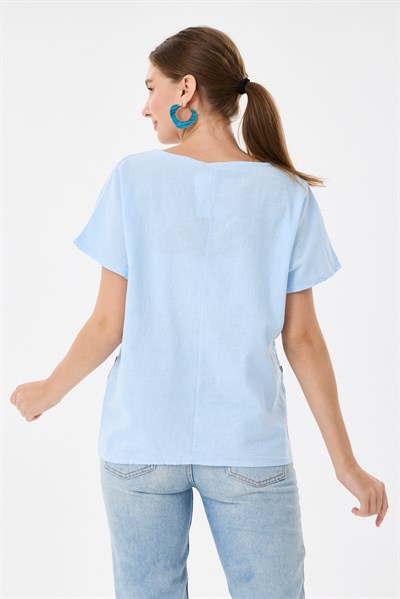 İtalyan %60 Keten Düğme Aksesuarlı Oversize Bluz 38 - 42 Beden