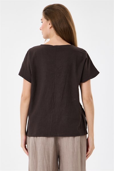 İtalyan %60 Keten Düğme Aksesuarlı Oversize Bluz 38 - 42 Beden