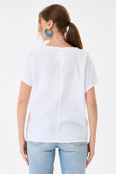 İtalyan %60 Keten Düğme Aksesuarlı Oversize Bluz 38 - 42 Beden