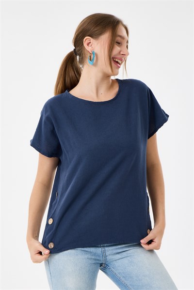İtalyan %60 Keten Düğme Aksesuarlı Oversize Bluz 38 - 42 Beden
