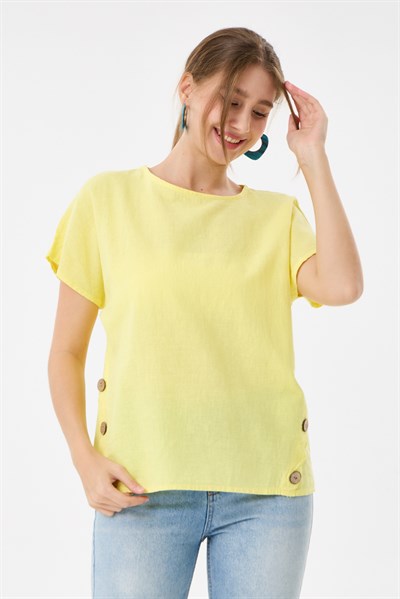 İtalyan %60 Keten Düğme Aksesuarlı Oversize Bluz 38 - 42 Beden