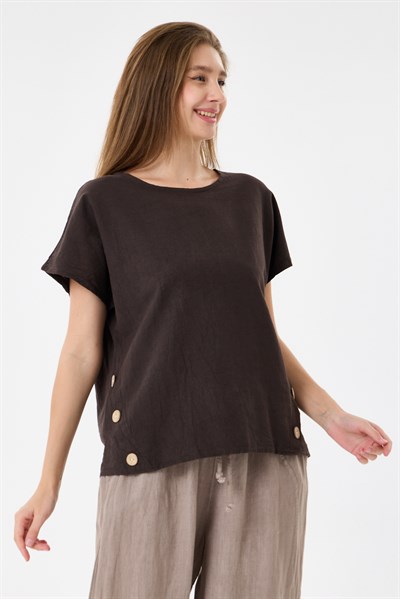 İtalyan %60 Keten Düğme Aksesuarlı Oversize Bluz 38 - 42 Beden
