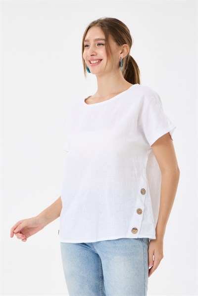 İtalyan %60 Keten Düğme Aksesuarlı Oversize Bluz 38 - 42 Beden