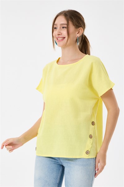 İtalyan %60 Keten Düğme Aksesuarlı Oversize Bluz 38 - 42 Beden