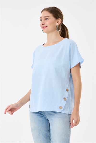 İtalyan %60 Keten Düğme Aksesuarlı Oversize Bluz 38 - 42 Beden