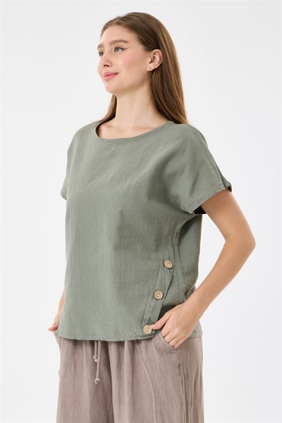 İtalyan %60 Keten Düğme Aksesuarlı Oversize Bluz 38 - 42 Beden
