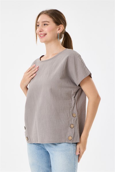 İtalyan %60 Keten Düğme Aksesuarlı Oversize Bluz 38 - 42 Beden
