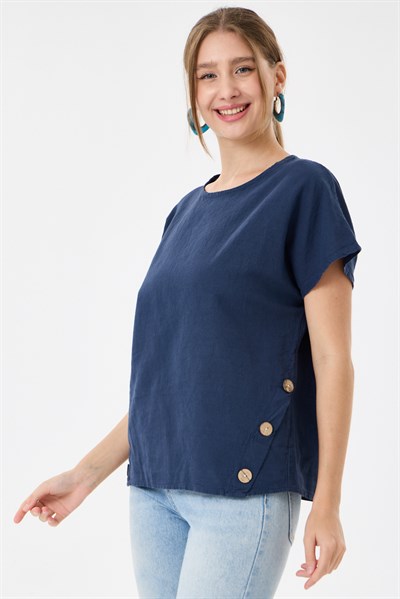 İtalyan %60 Keten Düğme Aksesuarlı Oversize Bluz 38 - 42 Beden