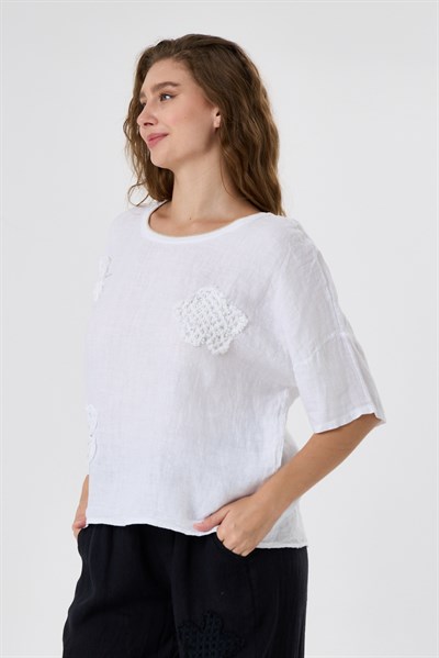 İtalyan %100 Keten Taşlı Oversize Keten Bluz 38 - 42 Beden