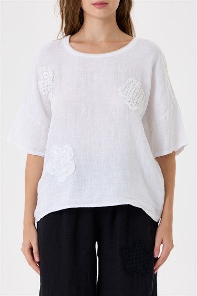 İtalyan %100 Keten Taşlı Oversize Keten Bluz 38 - 42 Beden