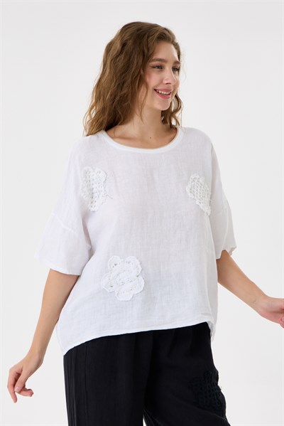İtalyan %100 Keten Taşlı Oversize Keten Bluz 38 - 42 Beden