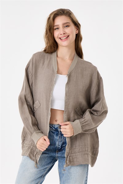 İtalyan %100 Keten Düşük Kol Fermuarlı Etek Ucu Bağlamalı Oversize Keten Bluz 40 - 44 Beden