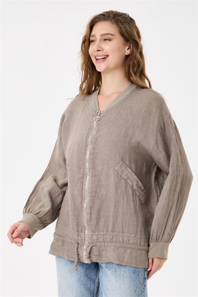İtalyan %100 Keten Düşük Kol Fermuarlı Etek Ucu Bağlamalı Oversize Keten Bluz 40 - 44 Beden