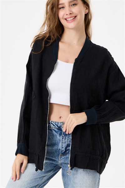 İtalyan %100 Keten Düşük Kol Fermuarlı Etek Ucu Bağlamalı Oversize Keten Bluz 40 - 44 Beden