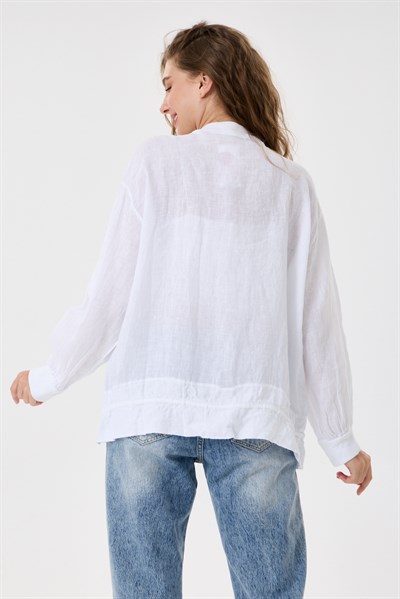 İtalyan %100 Keten Düşük Kol Fermuarlı Etek Ucu Bağlamalı Oversize Keten Bluz 40 - 44 Beden