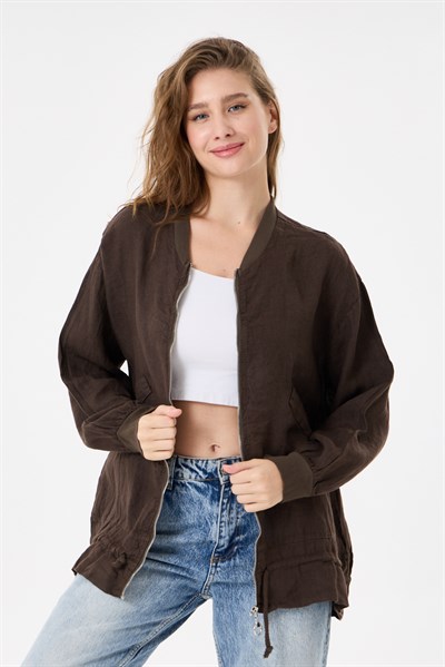 İtalyan %100 Keten Düşük Kol Fermuarlı Etek Ucu Bağlamalı Oversize Keten Bluz 40 - 44 Beden