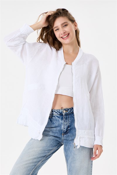İtalyan %100 Keten Düşük Kol Fermuarlı Etek Ucu Bağlamalı Oversize Keten Bluz 40 - 44 Beden