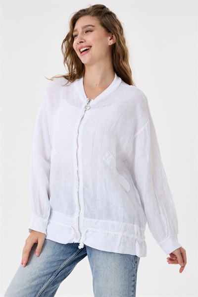 İtalyan %100 Keten Düşük Kol Fermuarlı Etek Ucu Bağlamalı Oversize Keten Bluz 40 - 44 Beden