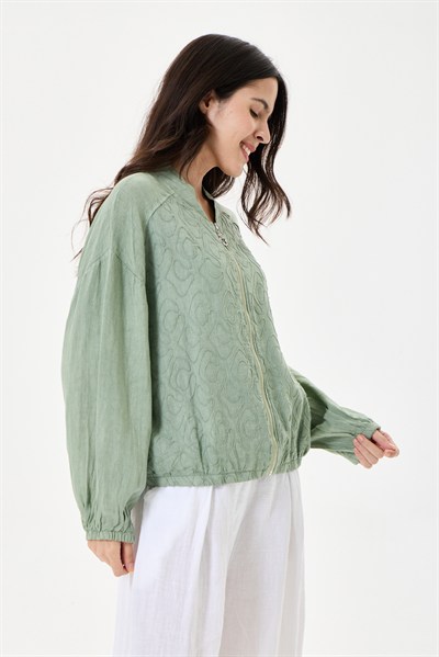 İtalyan %100 Keten Nakışlı Fermuarlı Düşük Kol Oversize Keten Bluz 38 - 44 Beden