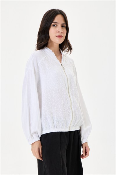 İtalyan %100 Keten Nakışlı Fermuarlı Düşük Kol Oversize Keten Bluz 38 - 44 Beden