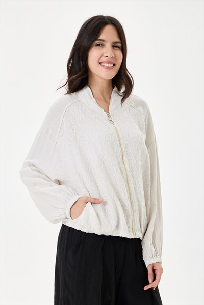 İtalyan %100 Keten Nakışlı Fermuarlı Düşük Kol Oversize Keten Bluz 38 - 44 Beden