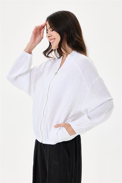 İtalyan %100 Keten Nakışlı Fermuarlı Düşük Kol Oversize Keten Bluz 38 - 44 Beden
