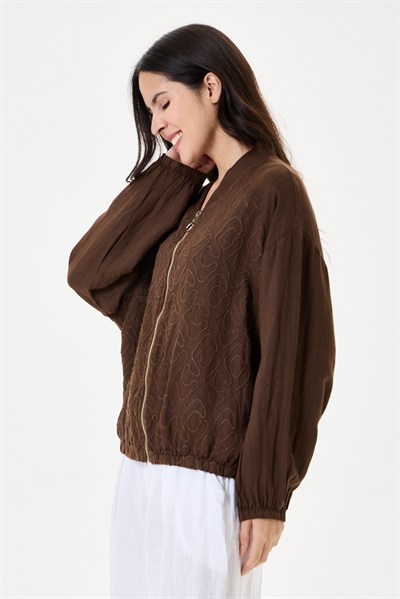 İtalyan %100 Keten Nakışlı Fermuarlı Düşük Kol Oversize Keten Bluz 38 - 44 Beden