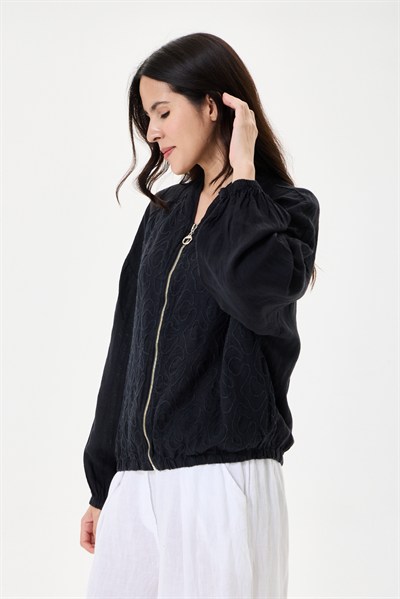 İtalyan %100 Keten Nakışlı Fermuarlı Düşük Kol Oversize Keten Bluz 38 - 44 Beden