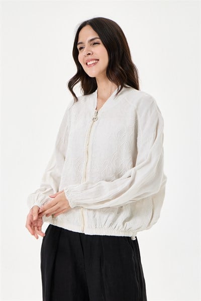 İtalyan %100 Keten Nakışlı Fermuarlı Düşük Kol Oversize Keten Bluz 38 - 44 Beden