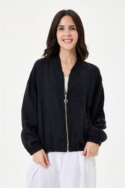 İtalyan %100 Keten Nakışlı Fermuarlı Düşük Kol Oversize Keten Bluz 38 - 44 Beden
