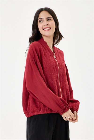 İtalyan %100 Keten Nakışlı Fermuarlı Düşük Kol Oversize Keten Bluz 38 - 44 Beden