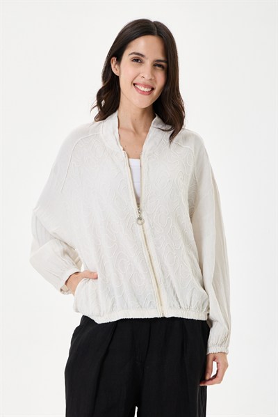 İtalyan %100 Keten Nakışlı Fermuarlı Düşük Kol Oversize Keten Bluz 38 - 44 Beden
