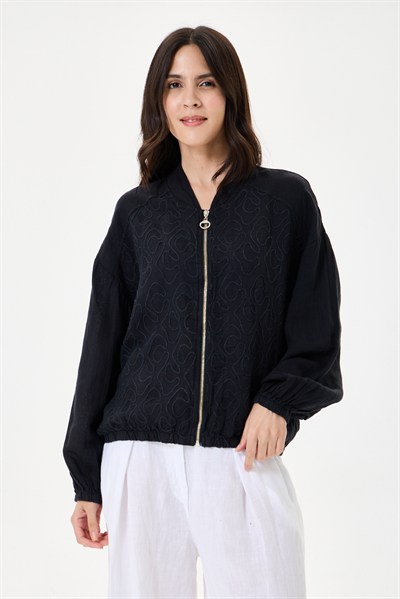 İtalyan %100 Keten Nakışlı Fermuarlı Düşük Kol Oversize Keten Bluz 38 - 44 Beden