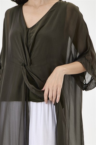 Dark Khaki İtalyan Özel Tasarım Önü Yırtmaçlı Yarasa Kol Astarlı İpek Tunik Bluz 38 - 44 Beden