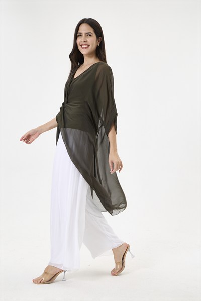 Dark Khaki İtalyan Özel Tasarım Önü Yırtmaçlı Yarasa Kol Astarlı İpek Tunik Bluz 38 - 44 Beden
