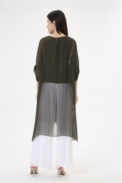 Dark Khaki İtalyan Özel Tasarım Önü Yırtmaçlı Yarasa Kol Astarlı İpek Tunik Bluz 38 - 44 Beden