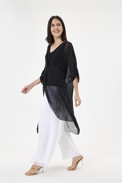 Black İtalyan Özel Tasarım Önü Yırtmaçlı Yarasa Kol Astarlı İpek Tunik Bluz 38 - 44 Beden